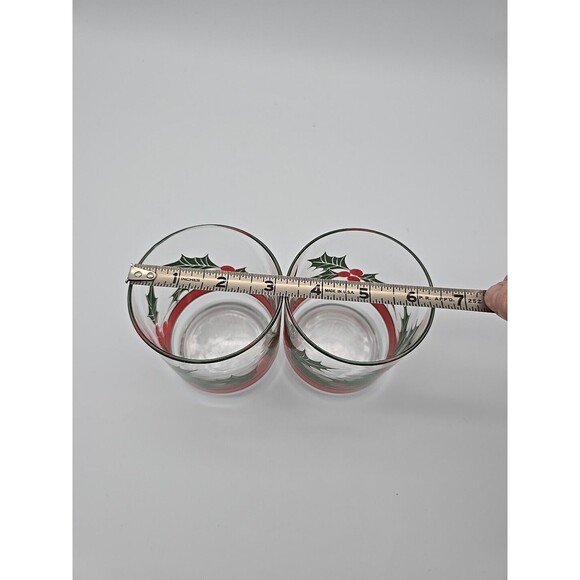 Vintage Set of (2) LIBBY Holly & Berries Ribbon 4" Old Fashioned Rocks Glasses - Picture 7 of 8